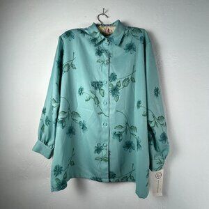 Graff Women Button Up Green Floral Print Long Sleeve Shirt Blouse Medium USA New